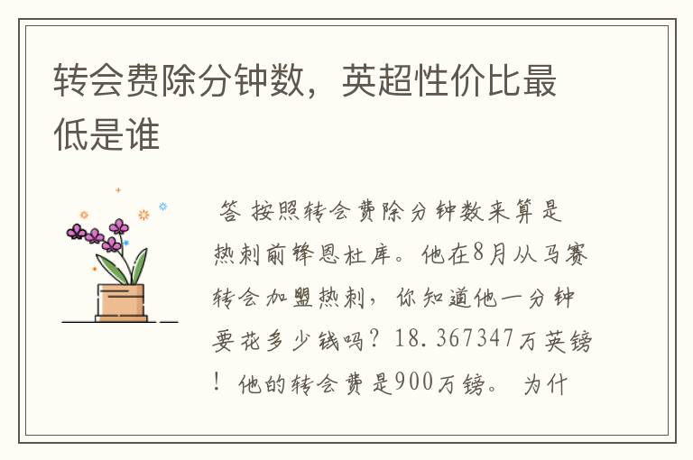转会费除分钟数,英超性价比最低是谁