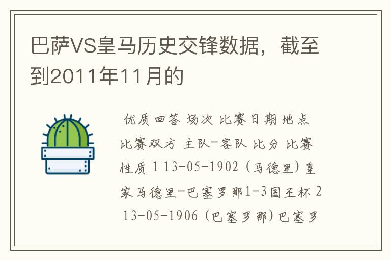 巴萨VS皇马历史交锋数据,截至到2011年11月的