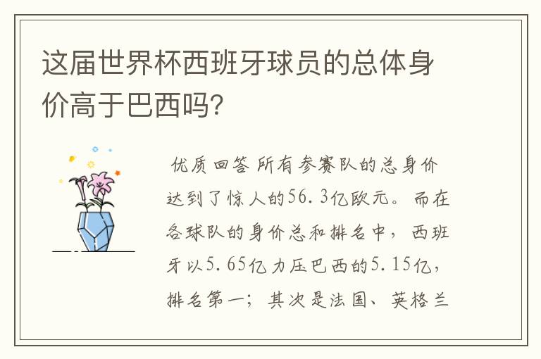 这届世界杯西班牙球员的总体身价高于巴西吗?