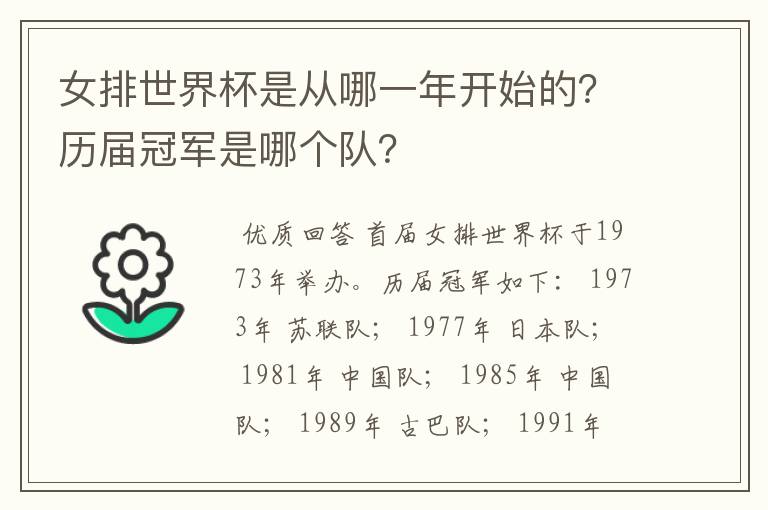 女排世界杯是从哪一年开始的?历届冠军是哪个队?