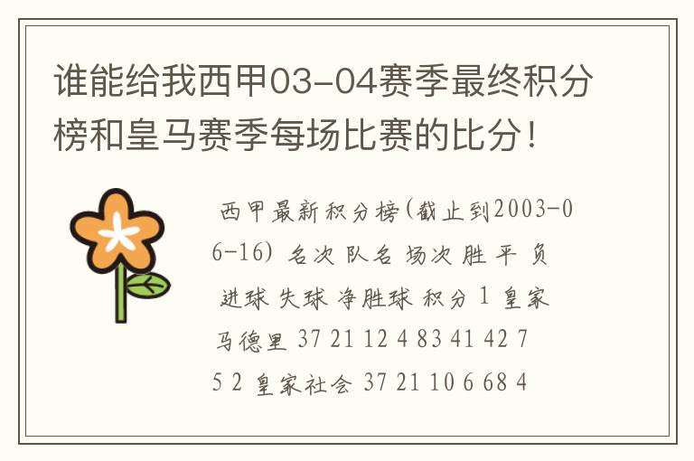 谁能给我西甲03-04赛季最终积分榜和皇马赛季每场比赛的比分!