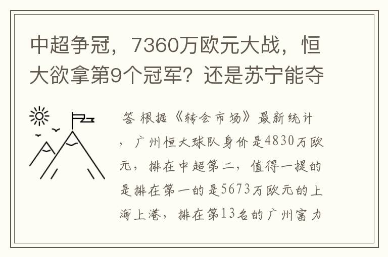 中超争冠,7360万欧元大战,恒大欲拿第9个冠军?还是苏宁能夺第1个?