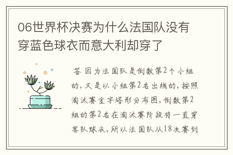 06世界杯决赛为什么法国队没有穿蓝色球衣而意大利却穿了