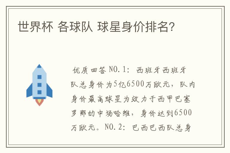 世界杯 各球队 球星身价排名?