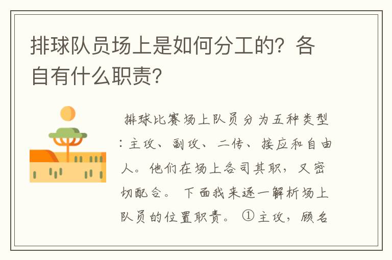 排球队员场上是如何分工的?各自有什么职责?