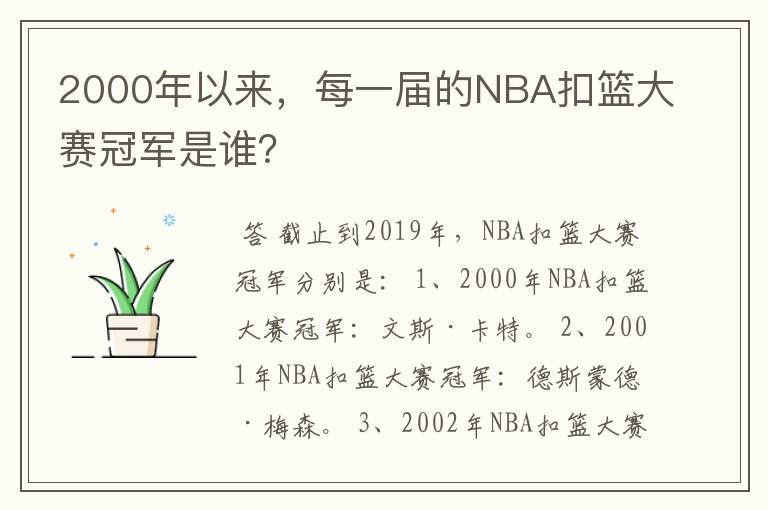 2000年以来,每一届的NBA扣篮大赛冠军是谁?