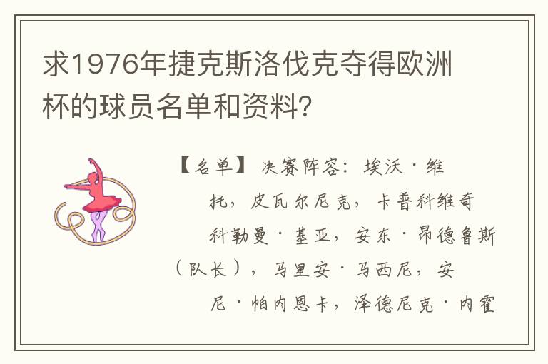 求1976年捷克斯洛伐克夺得欧洲杯的球员名单和资料?