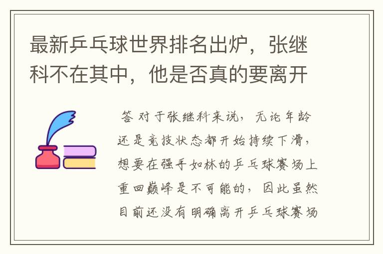 最新乒乓球世界排名出炉,张继科不在其中,他是否真的要离开乒乓球赛场了?