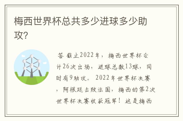 梅西世界杯总共多少进球多少助攻?