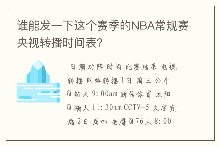 谁能发一下这个赛季的NBA常规赛央视转播时间表?