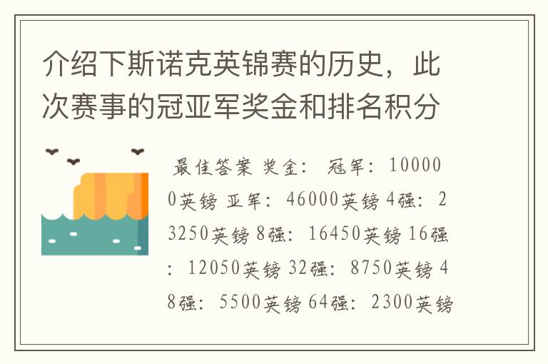 介绍下斯诺克英锦赛的历史,此次赛事的冠亚军奖金和排名积分各是多少?