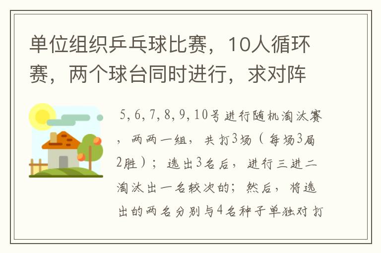 单位组织乒乓球比赛，10人循环赛，两个球台同时进行，求对阵表