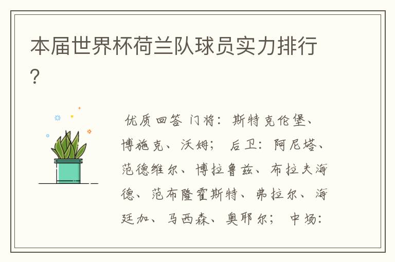 本届世界杯荷兰队球员实力排行?