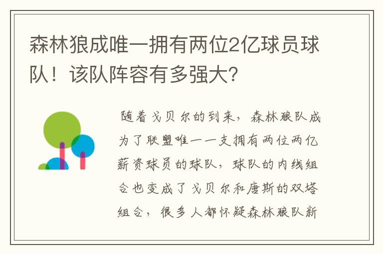 森林狼成唯一拥有两位2亿球员球队!该队阵容有多强大?