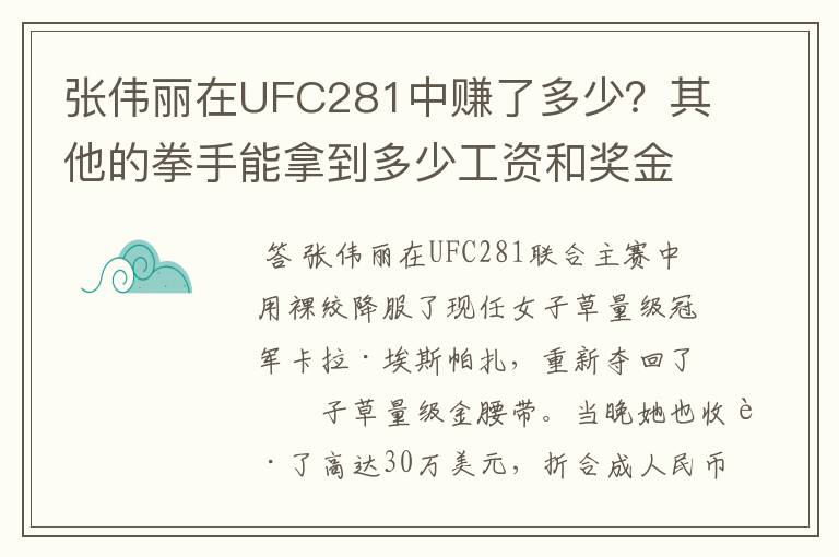 张伟丽在UFC281中赚了多少?其他的拳手能拿到多少工资和奖金?