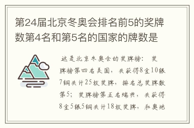 第24届北京冬奥会排名前5的奖牌数第4名和第5名的国家的牌数是多少?