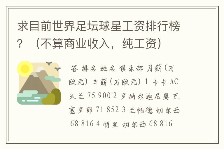 求目前世界足坛球星工资排行榜?(不算商业收入,纯工资)