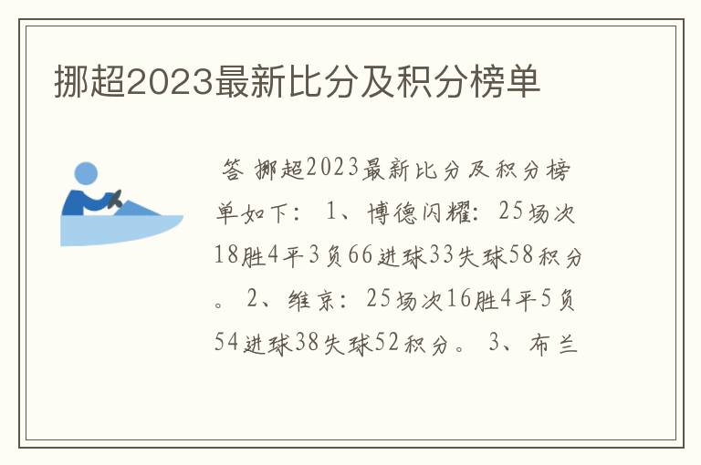 挪超2023最新比分及积分榜单