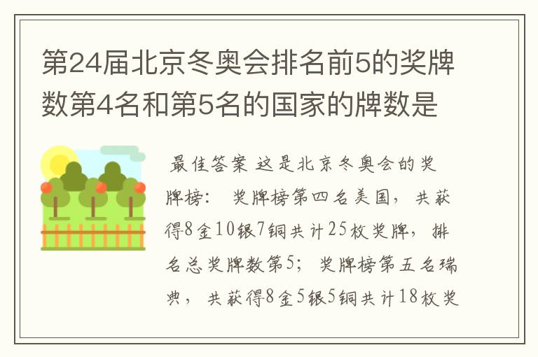 第24届北京冬奥会排名前5的奖牌数第4名和第5名的国家的牌数是多少?
