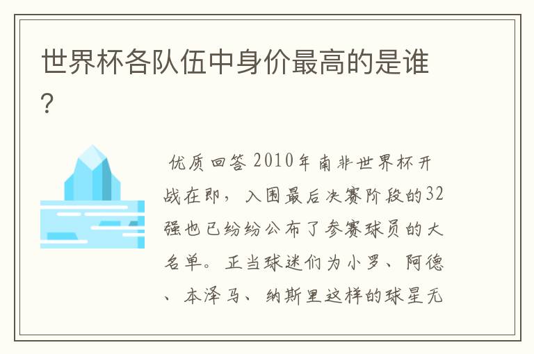 世界杯各队伍中身价最高的是谁?