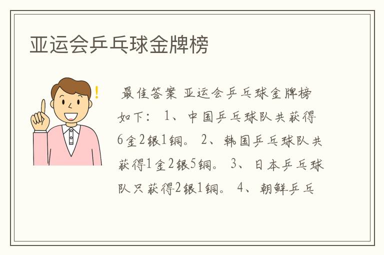 亚运会乒乓球金牌榜