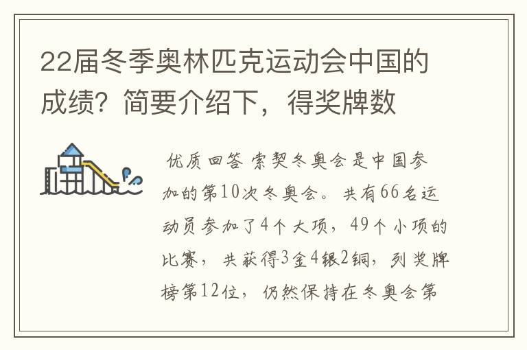 22届冬季奥林匹克运动会中国的成绩？简要介绍下，得奖牌数