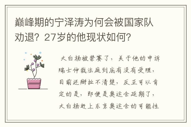 巅峰期的宁泽涛为何会被国家队劝退?27岁的他现状如何?