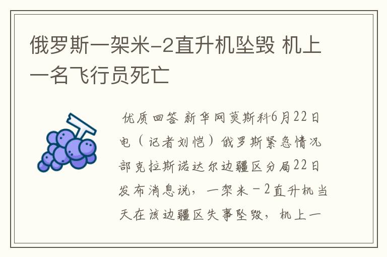 俄罗斯一架米-2直升机坠毁 机上一名飞行员死亡