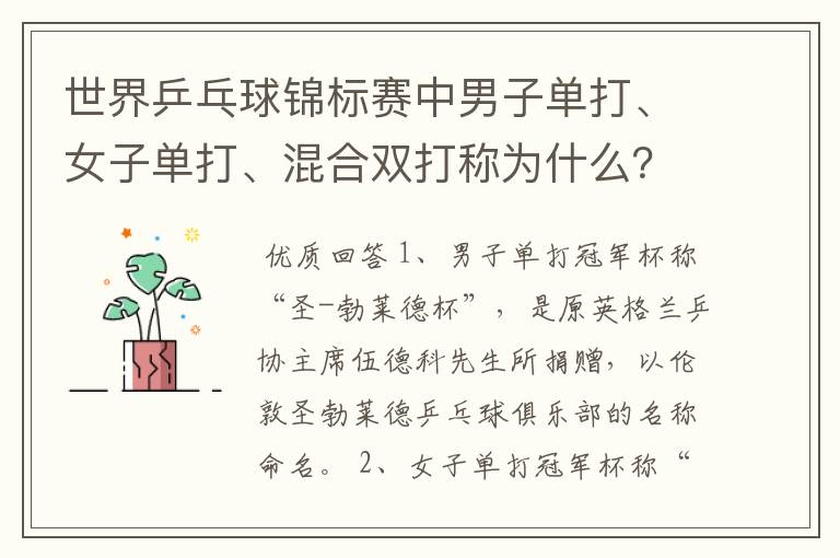 世界乒乓球锦标赛中男子单打、女子单打、混合双打称为什么?