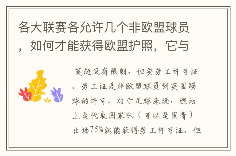 各大联赛各允许几个非欧盟球员,如何才能获得欧盟护照,它与劳工证有何不同