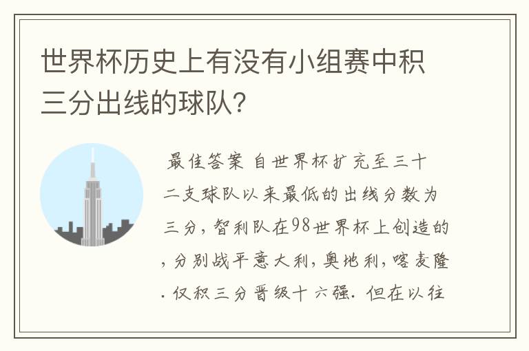 世界杯历史上有没有小组赛中积三分出线的球队?