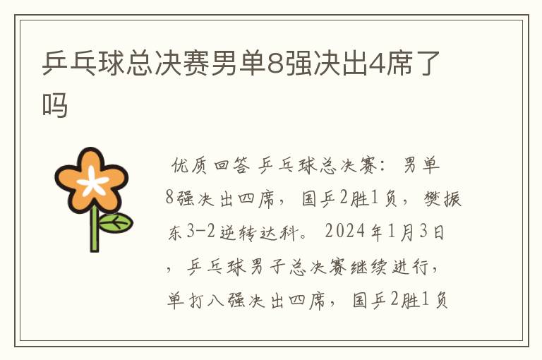 乒乓球总决赛男单8强决出4席了吗