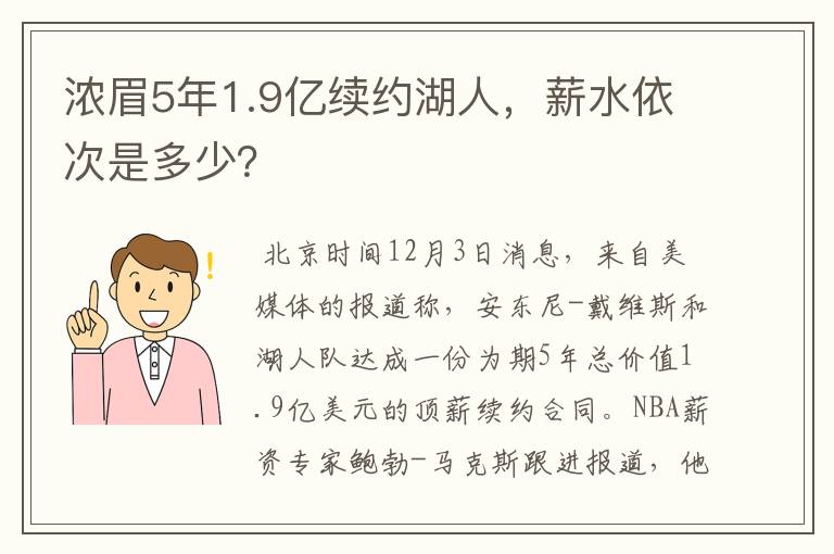 浓眉5年1.9亿续约湖人,薪水依次是多少?