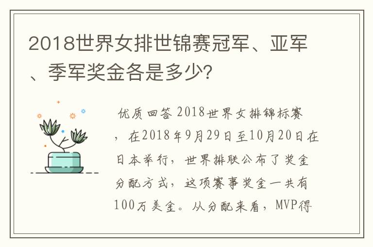 2018世界女排世锦赛冠军、亚军、季军奖金各是多少?