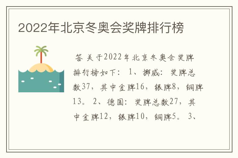 2022年北京冬奥会奖牌排行榜