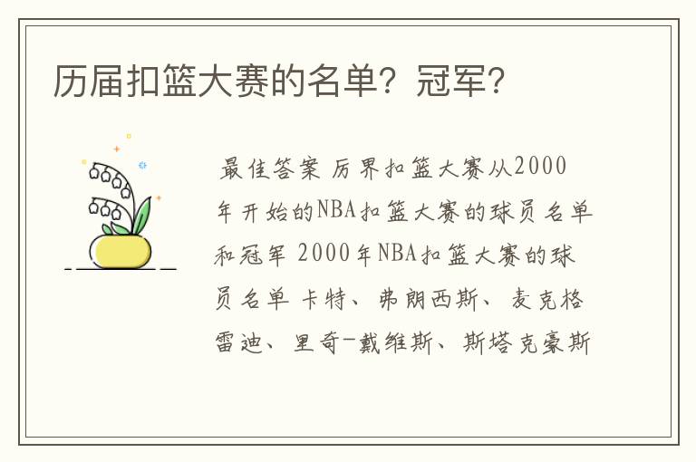 历届扣篮大赛的名单?冠军?