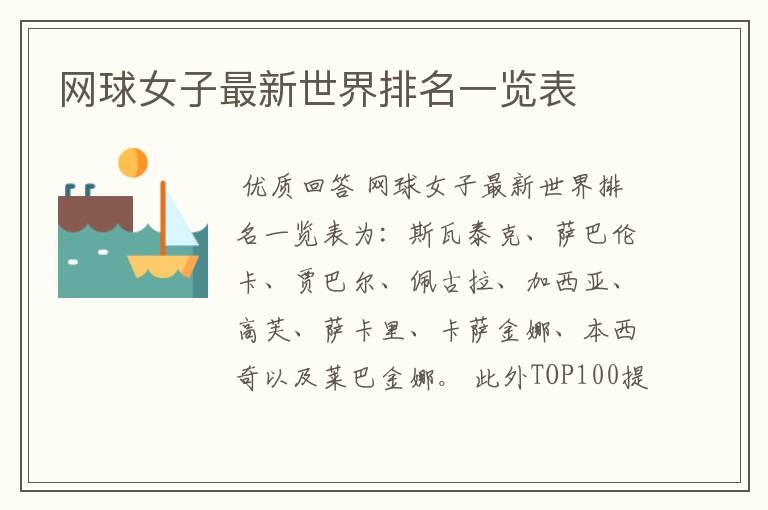 网球女子最新世界排名一览表