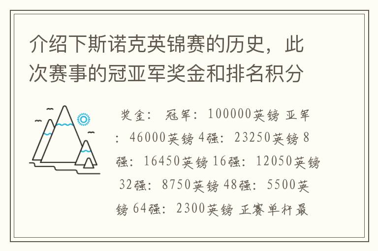 介绍下斯诺克英锦赛的历史,此次赛事的冠亚军奖金和排名积分各是多少?