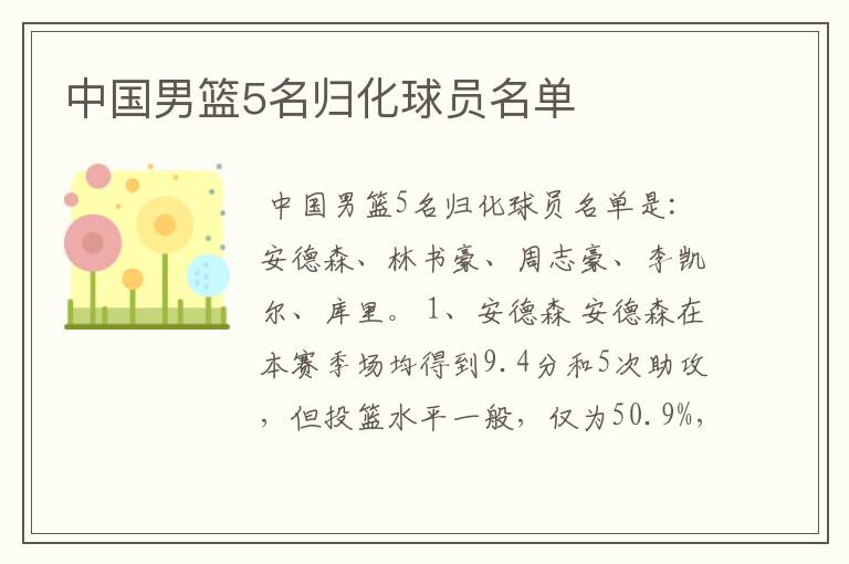 中国男篮5名归化球员名单