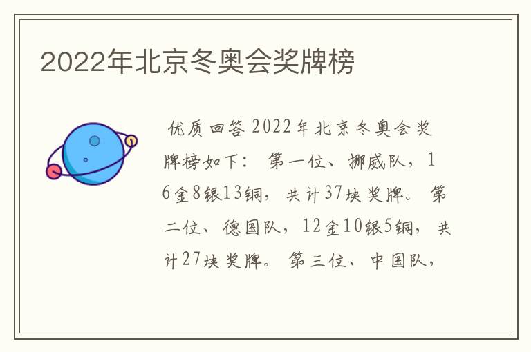 2022年北京冬奥会奖牌榜