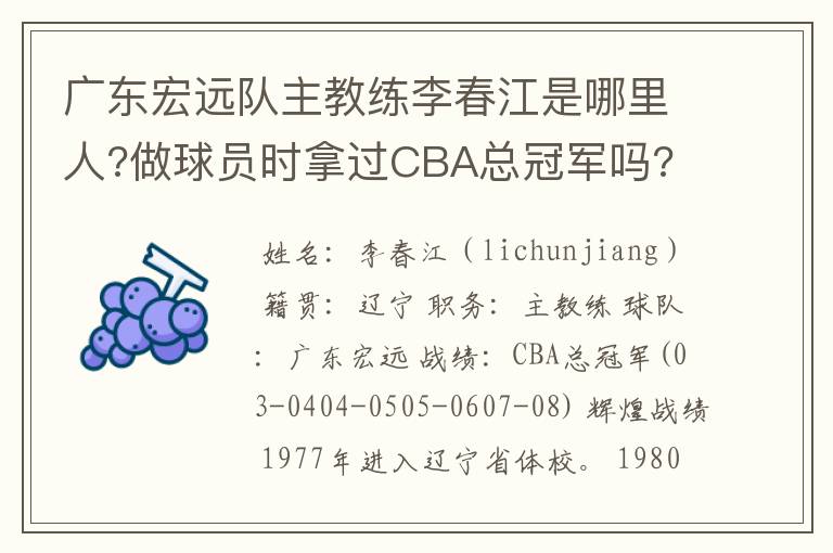 广东宏远队主教练李春江是哪里人?做球员时拿过CBA总冠军吗?
