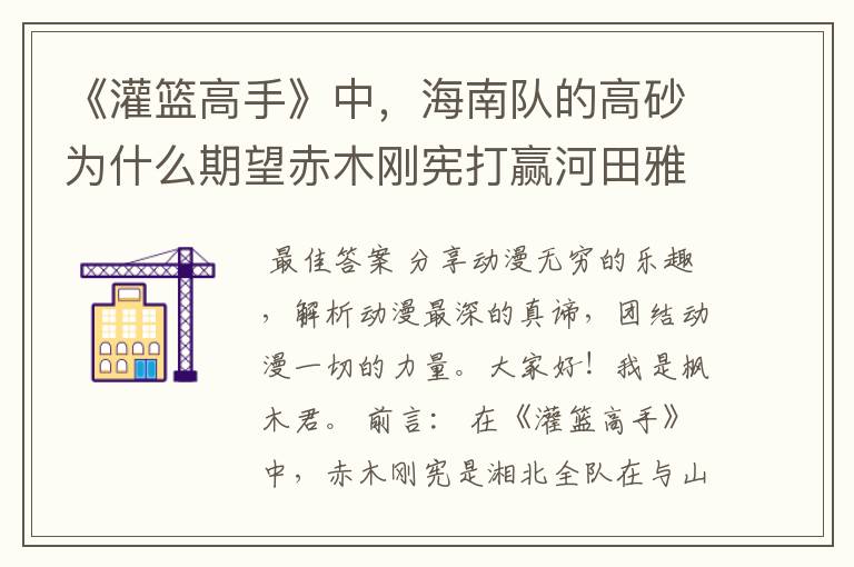 《灌篮高手》中,海南队的高砂为什么期望赤木刚宪打赢河田雅史?