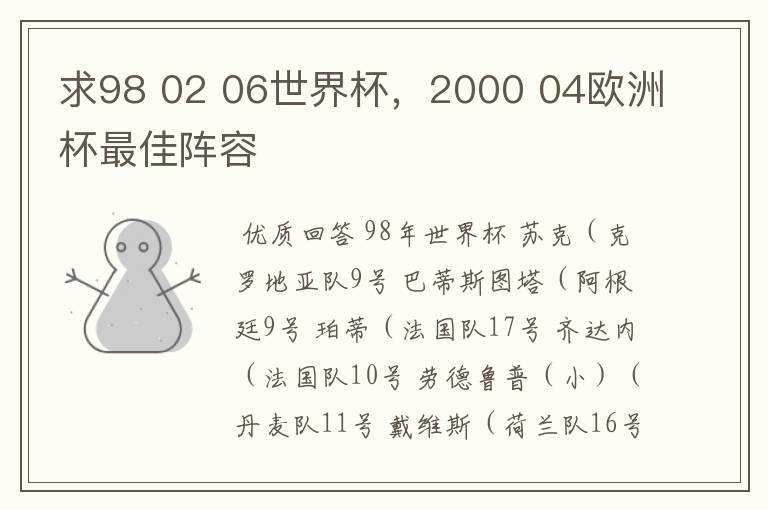 求98 02 06世界杯,2000 04欧洲杯最佳阵容