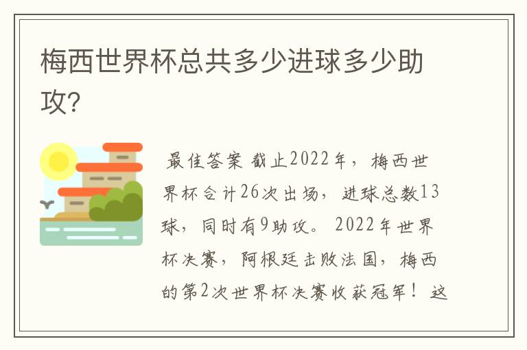 梅西世界杯总共多少进球多少助攻?