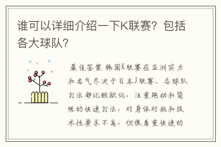 谁可以详细介绍一下K联赛?包括各大球队?