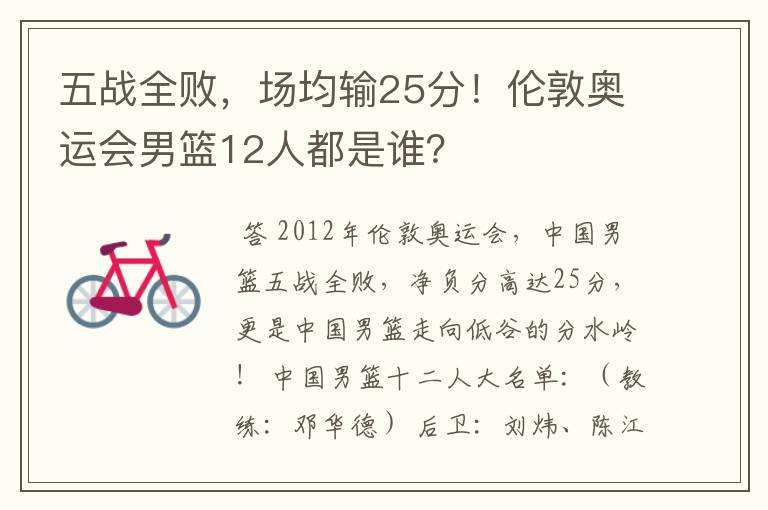 五战全败,场均输25分!伦敦奥运会男篮12人都是谁?