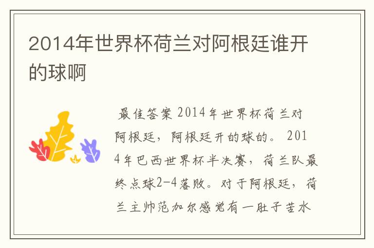 2014年世界杯荷兰对阿根廷谁开的球啊
