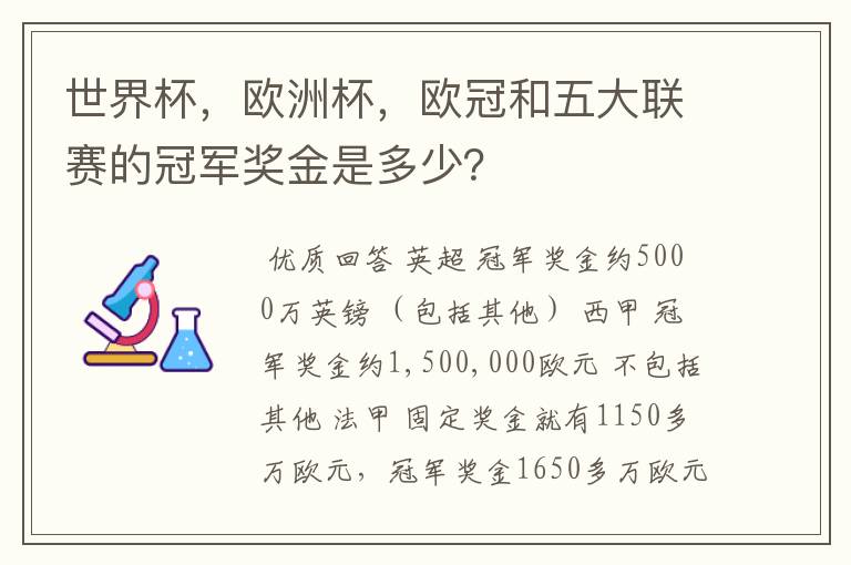 世界杯,欧洲杯,欧冠和五大联赛的冠军奖金是多少?