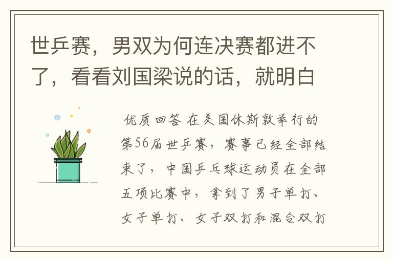 世乒赛,男双为何连决赛都进不了,看看刘国梁说的话,就明白了