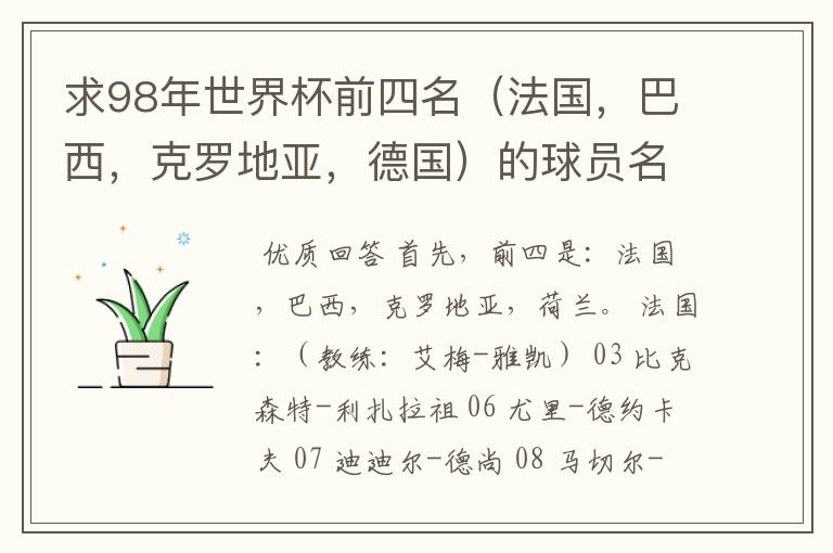 求98年世界杯前四名(法国,巴西,克罗地亚,德国)的球员名单。